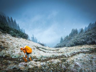 hiking in light snow