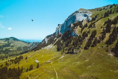 hot air balloon in mountains