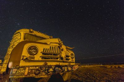 decorated bus at night