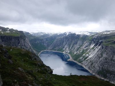 lake at bottom of mountains