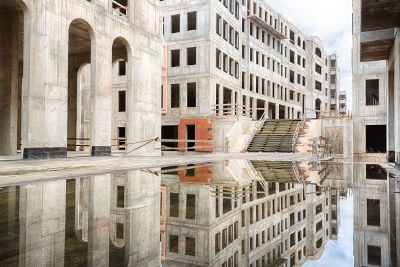 the reflection of building in water