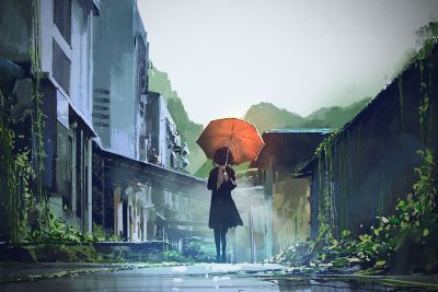 painting of girl holding umbrella